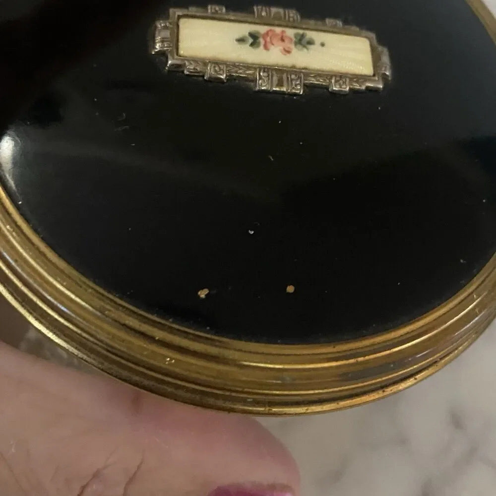 Vintage Art Deco Glass Bottomed Dresser Jar Box Trinket Pink Rose Black Lid